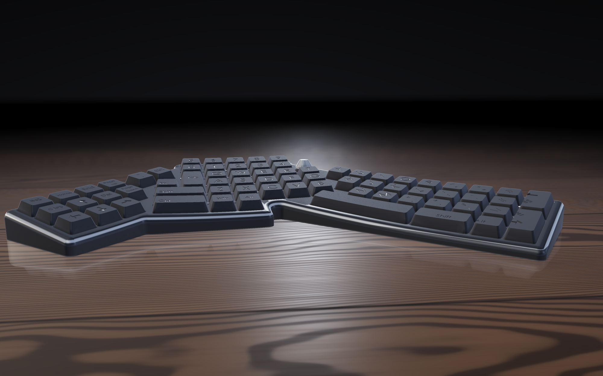 Low-angle view along the V-Board showing both arm tips and the case profile