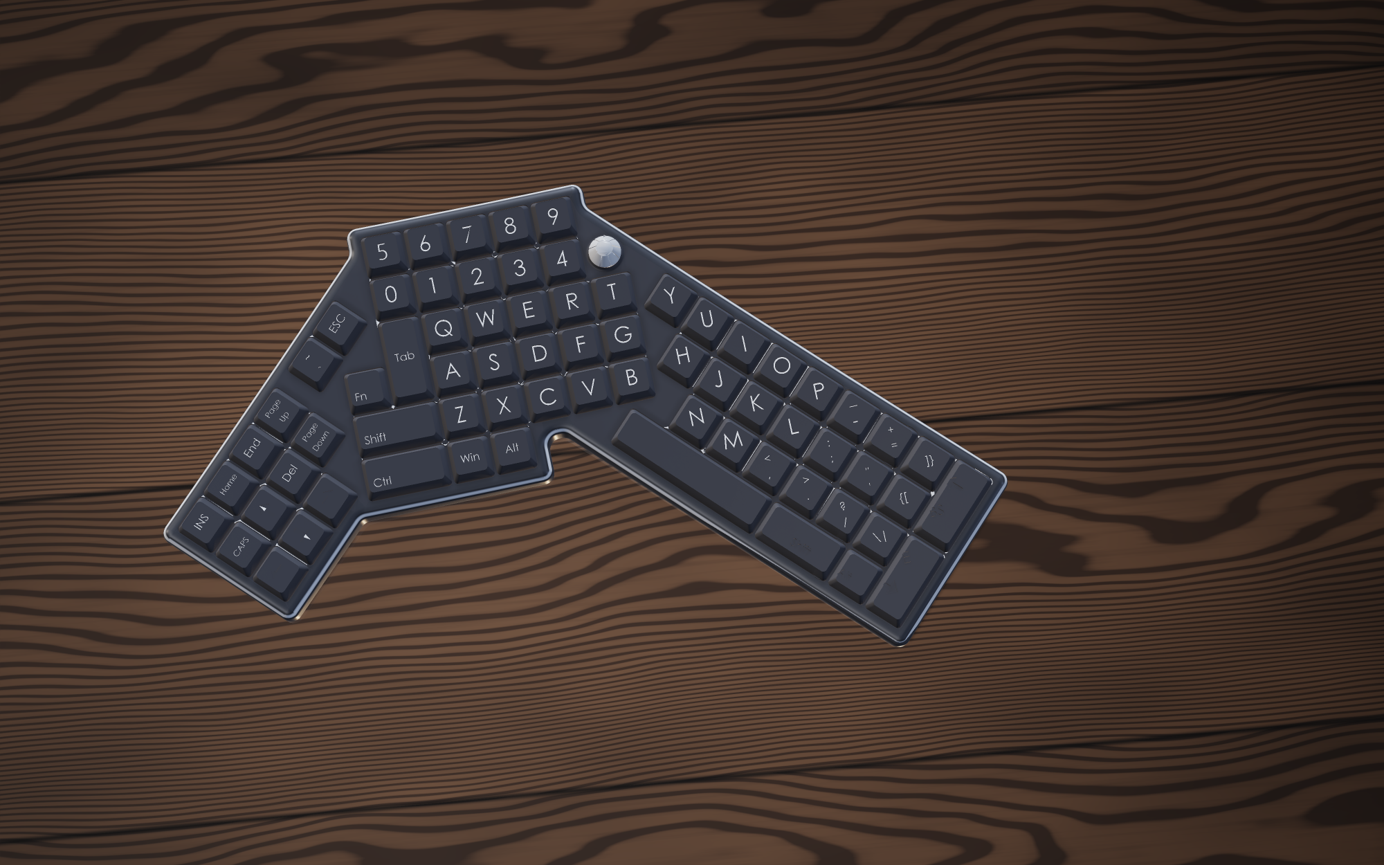 The V-Board seen from above on a dark wood surface, both arms angled outward from the central block