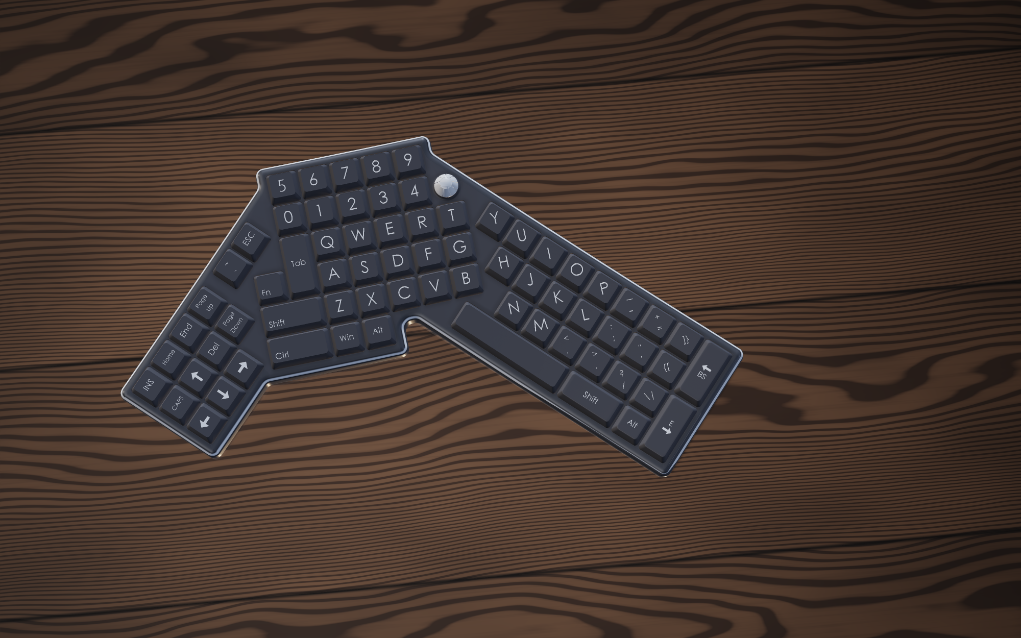 The V-Board seen from above on a dark wood surface, both arms angled outward from the central block