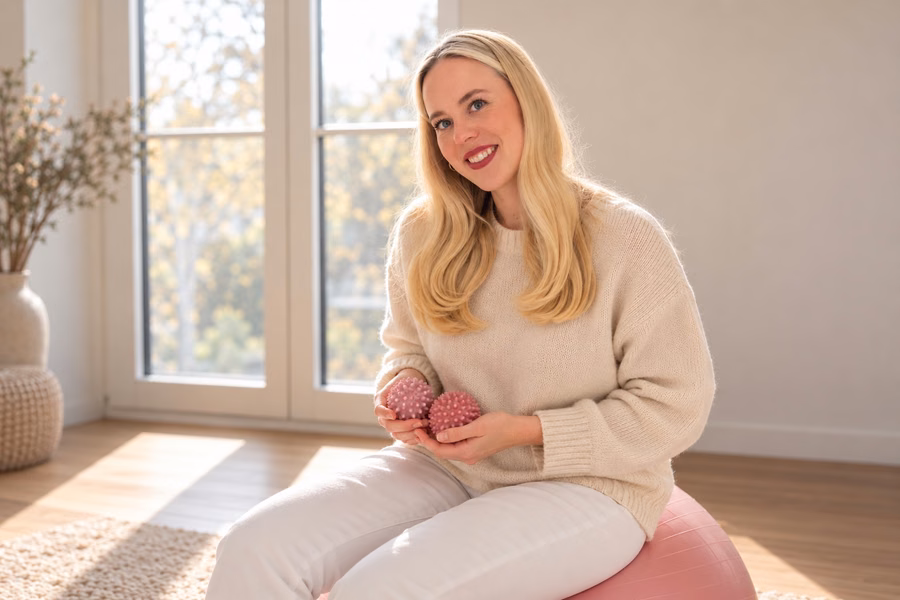 Hebamme Hanna Wiegand auf einem Pezziball bei der Geburtsvorbereitung