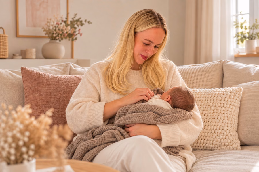 Hebamme Hanna Wiegand mit einem Neugeborenen im Arm