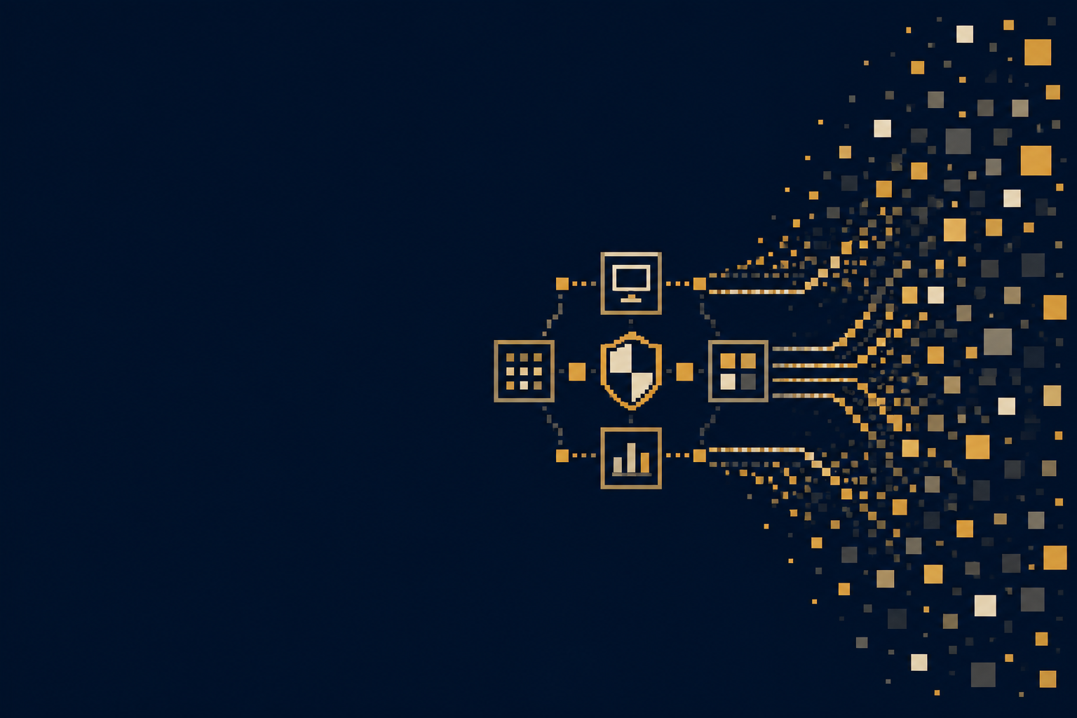 Digital security network concept with pixelated gold icons including a shield, computer monitor, grid, and bar chart connected on a dark blue background with pixel dispersion effect.