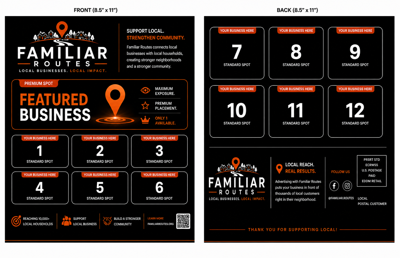Familiar Routes shared direct-mail advertising mailer showing 12 local business placements and one exclusive premium placement.