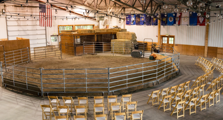 Round-pen reception setup with string lights