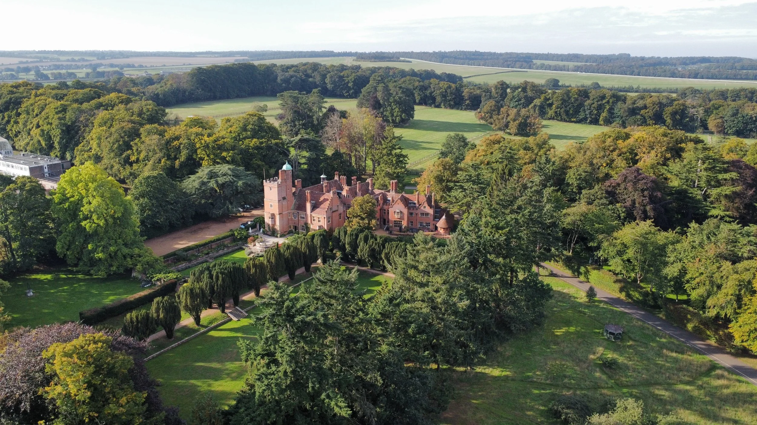 Aerial view of Lanwades Hall in the Suffolk countryside