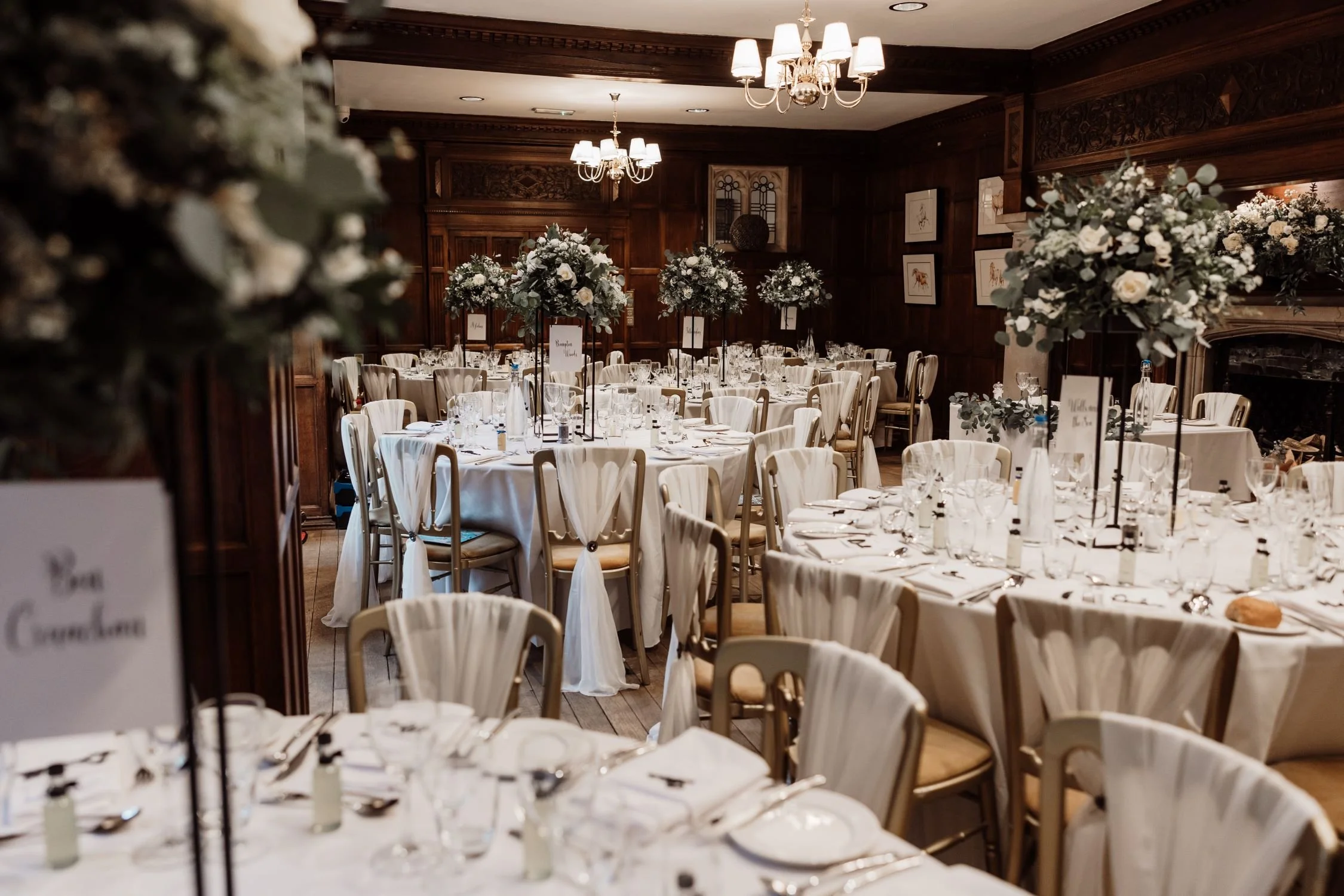 The dining room set for a wedding breakfast at Lanwades Hall