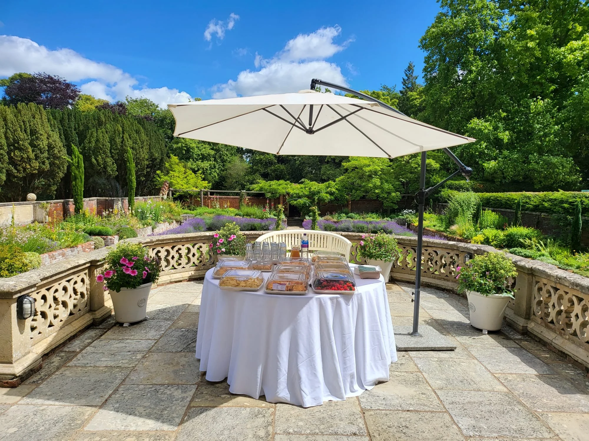 Refreshments on the terrace during a corporate event at Lanwades Hall