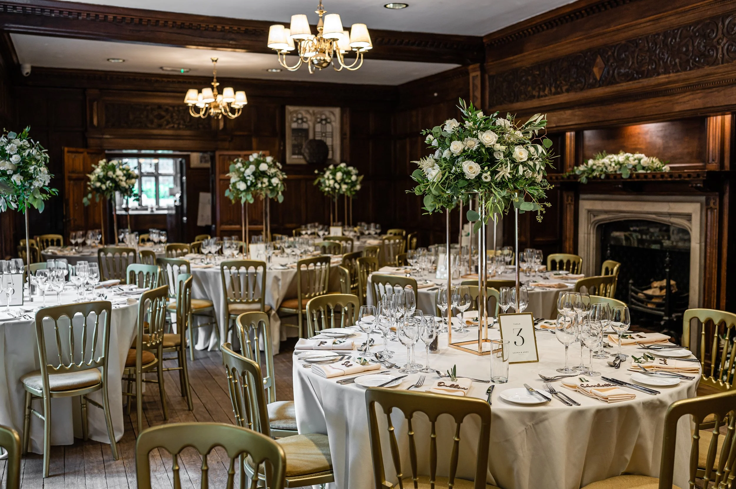Wedding reception set up in the Banqueting Hall at Lanwades Hall