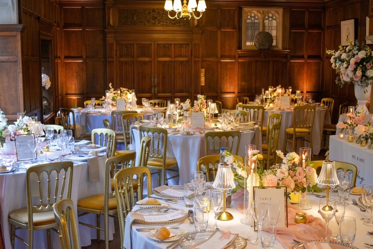 Round tables with pink flowers and candles in the Great Hall at Lanwades Hall