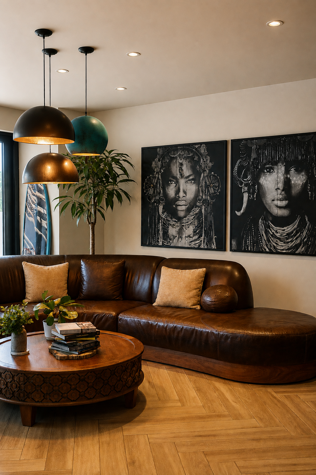 The lobby, with a curved leather sofa beneath two large portrait canvases