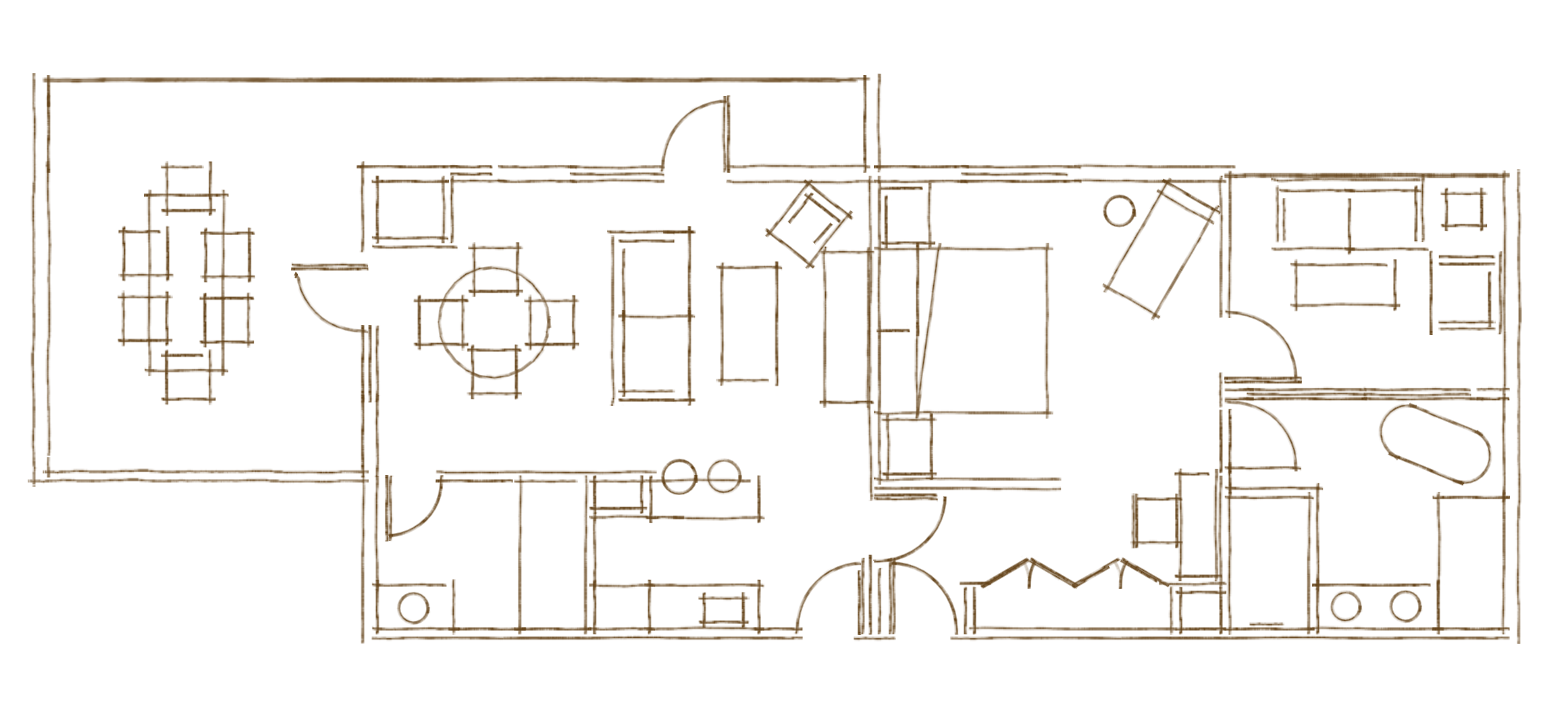 Floor plan of the Richter Suite, showing the terrace, living room, bedroom and bathroom