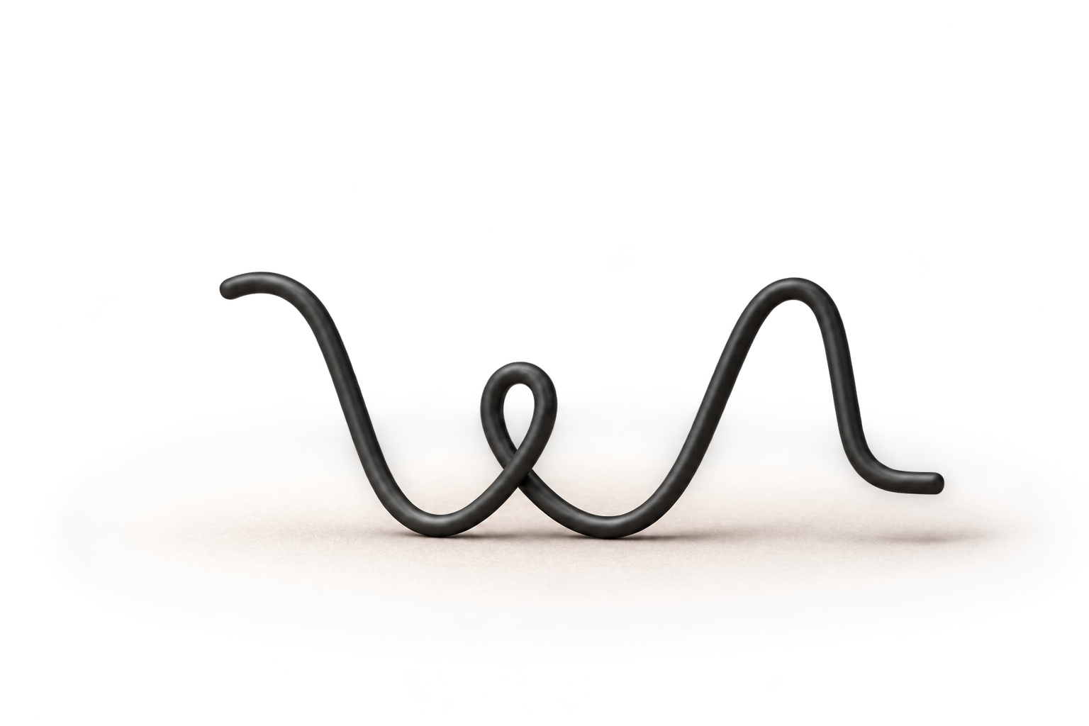 The Working Answer flowing mark rendered as a sculptural black form with a warm tan floor and soft shadow