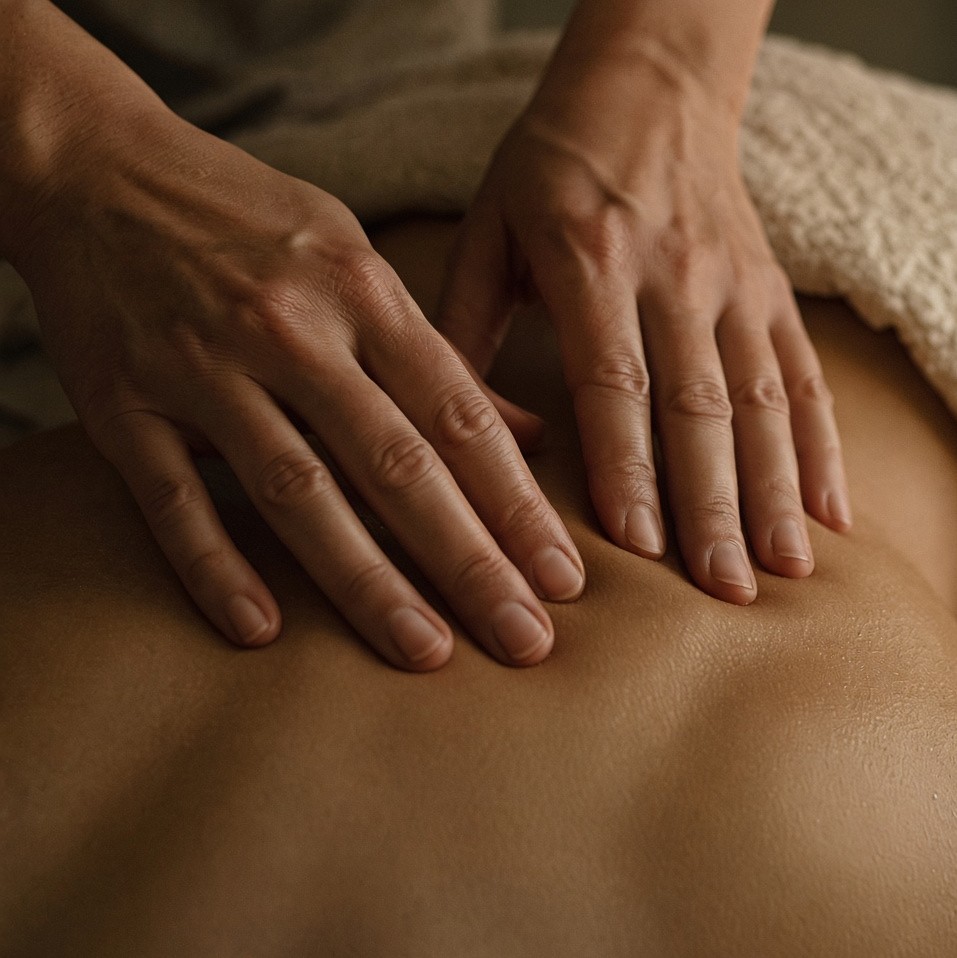 Hands pressing into a back during massage