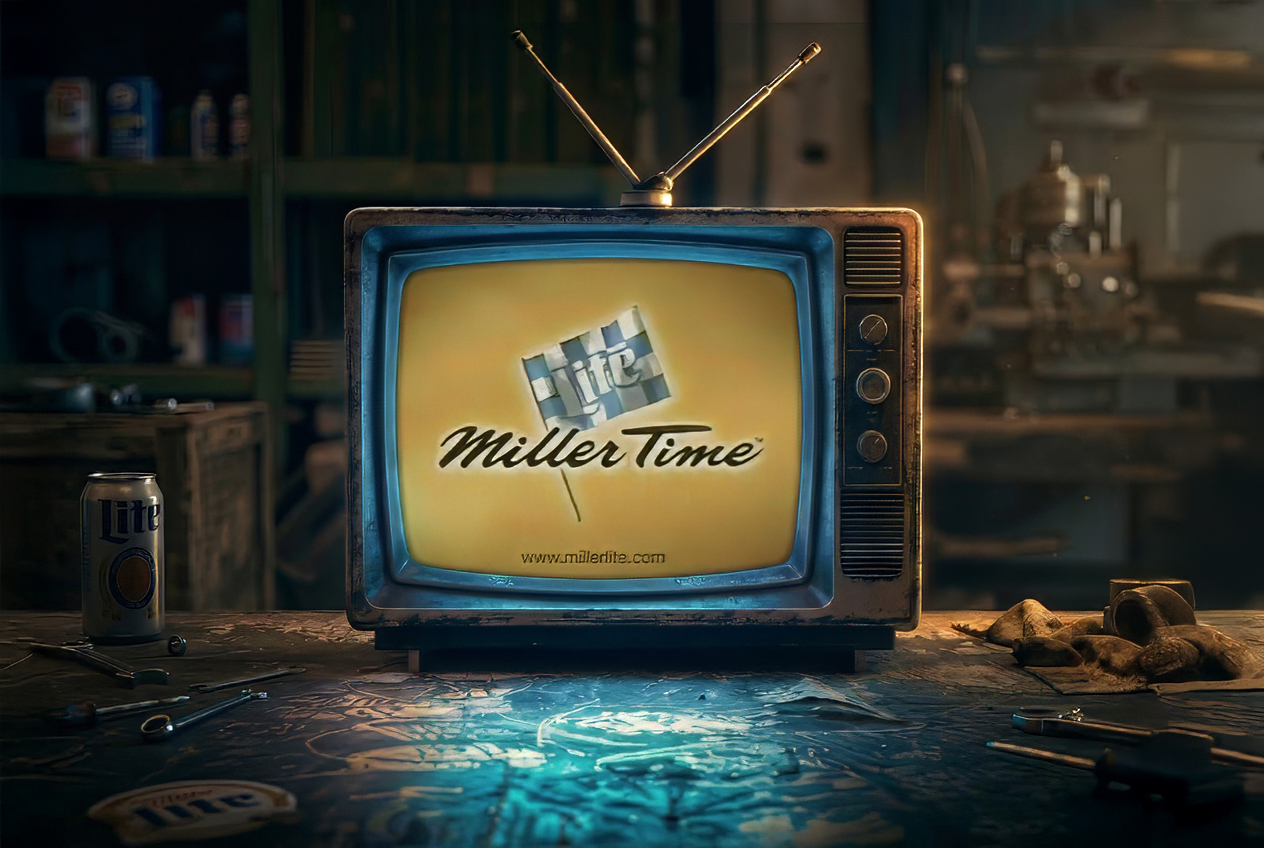 Miller Time checkered-flag end card shown on a vintage television in a garage workshop.