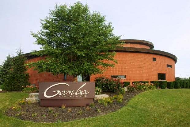 Gamba Ristorante exterior with brick building, landscaping, and brown script-lettered sign.