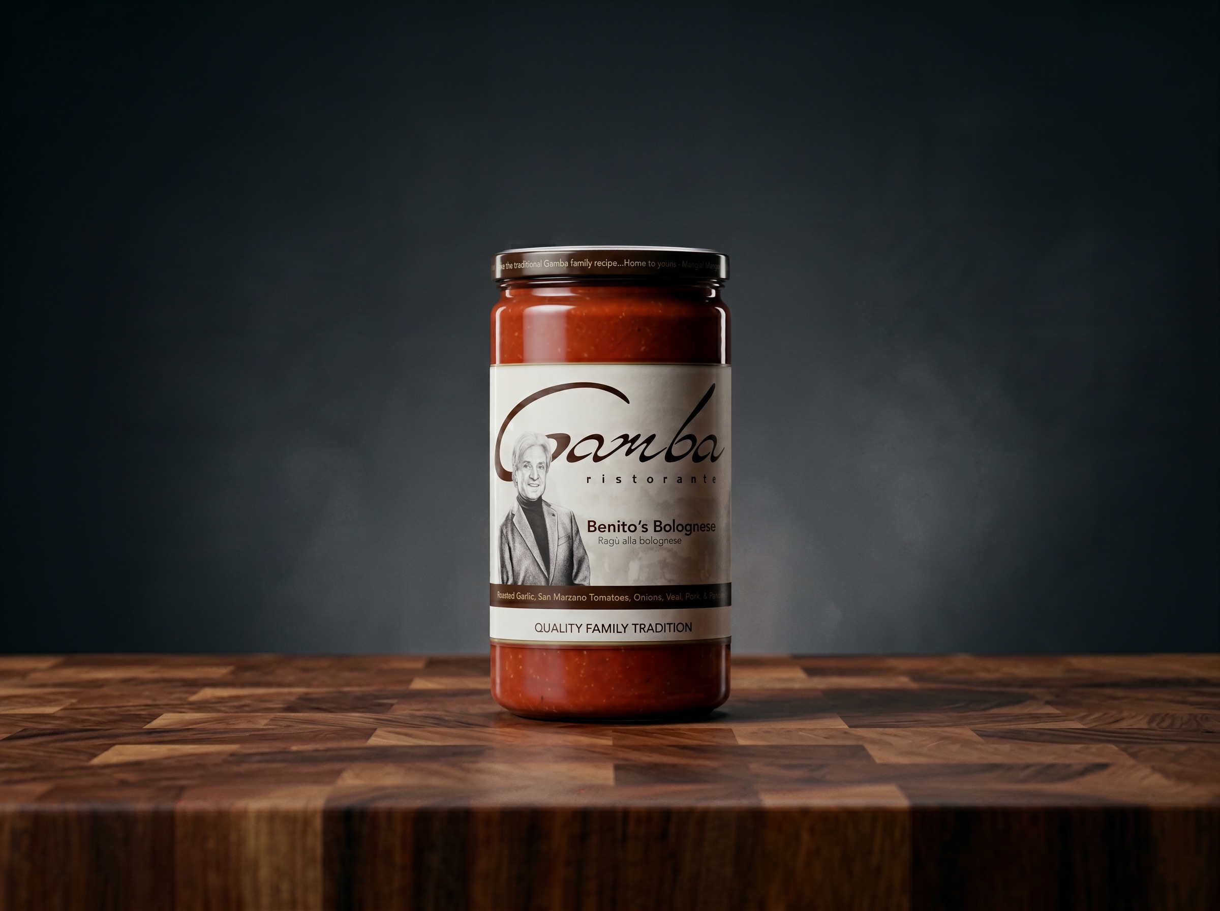 Jar of Benito’s Bolognese on a wooden counter against a dark studio background.
