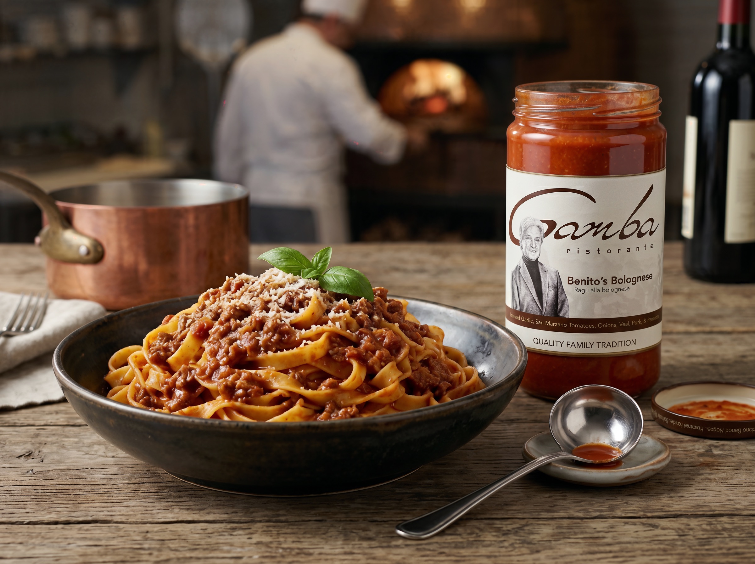Jar of Benito’s Bolognese beside a plate of pasta in a warm kitchen scene.