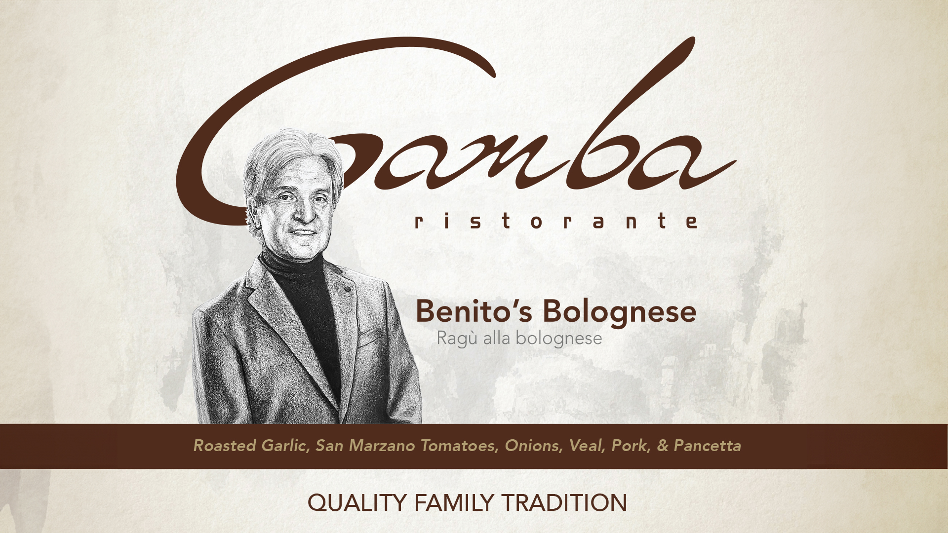 Flat label artwork for Gamba Ristorante’s Benito’s Bolognese, with script wordmark, portrait, ingredient band, and Quality Family Tradition line.