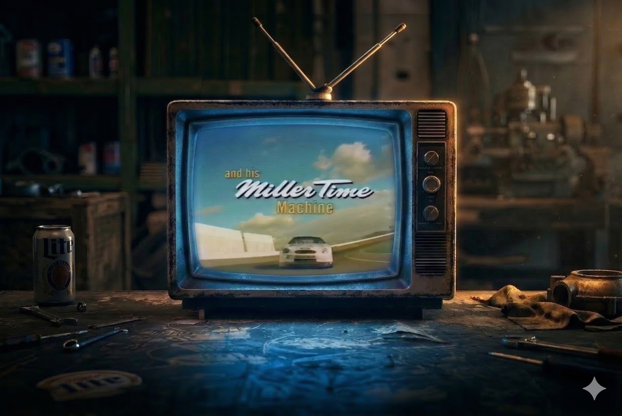 "Miller Time Machine": Rusty’s car tears down the track in the title card sequence.