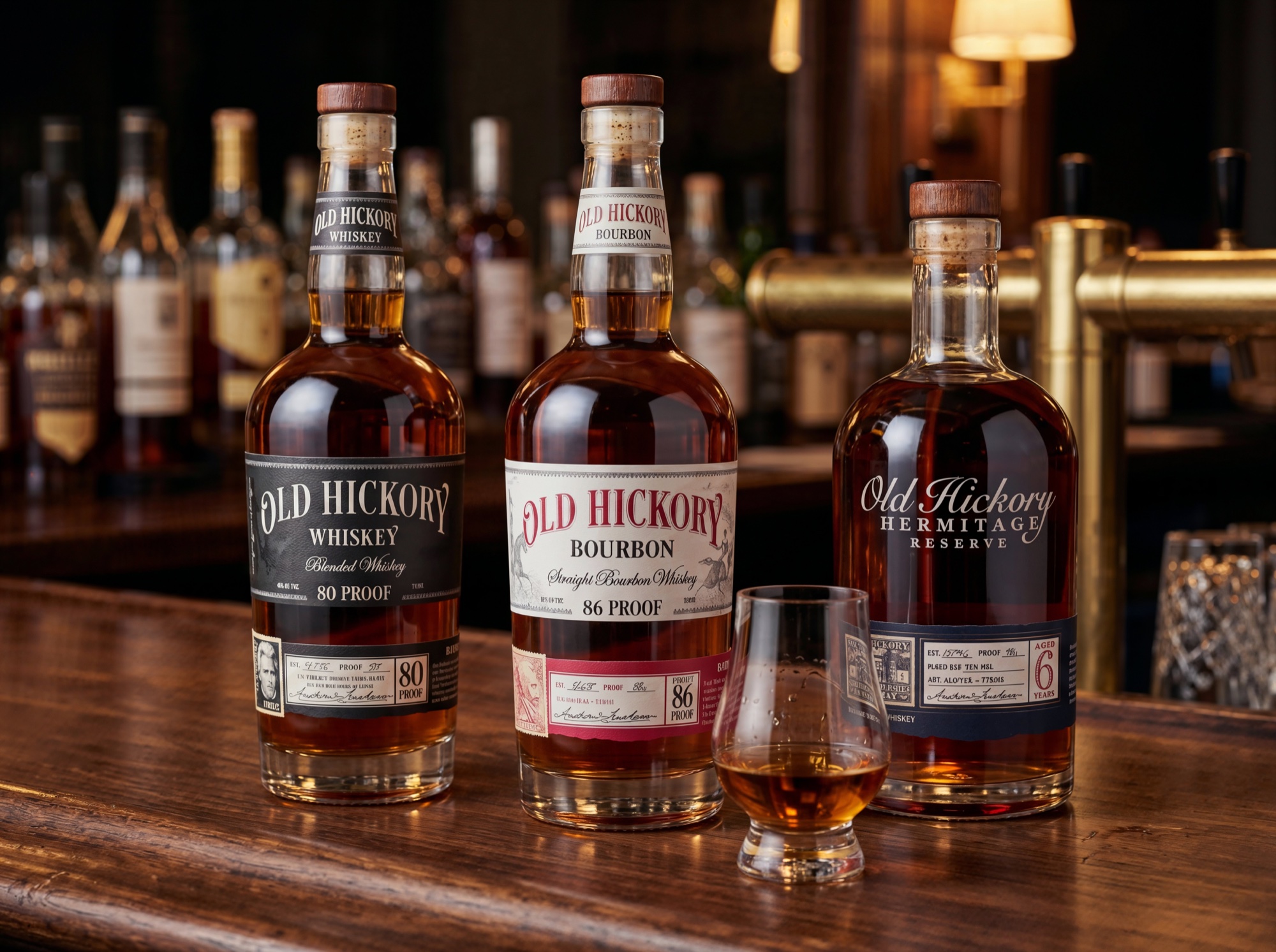 Three Old Hickory whiskey bottles and a tasting glass on a warmly lit wooden bar.