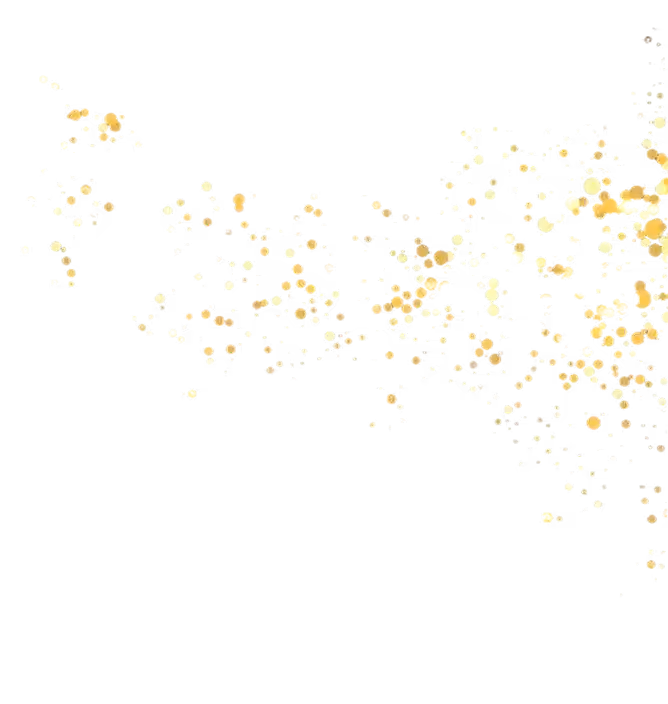 Scattered gold glitter particles of various sizes on a transparent background, concentrated more toward the right side.