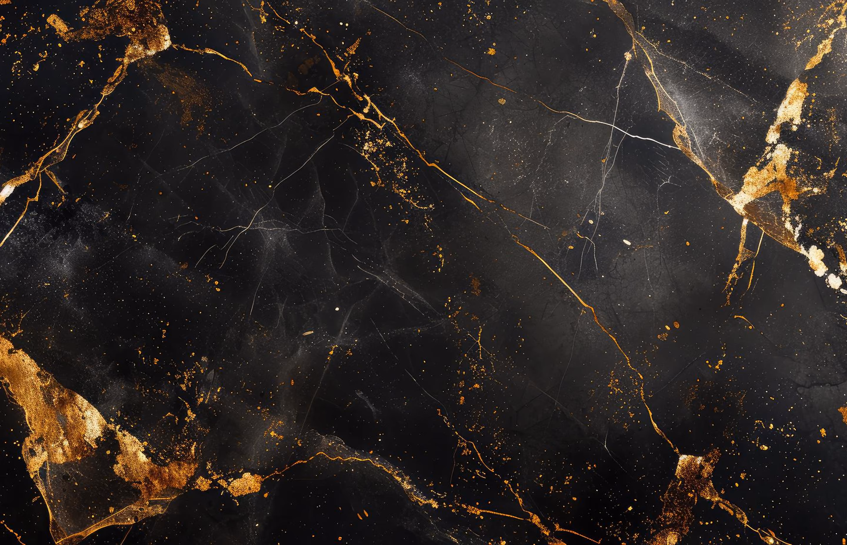 Black marble texture with irregular gold veins and speckles scattered across the surface.