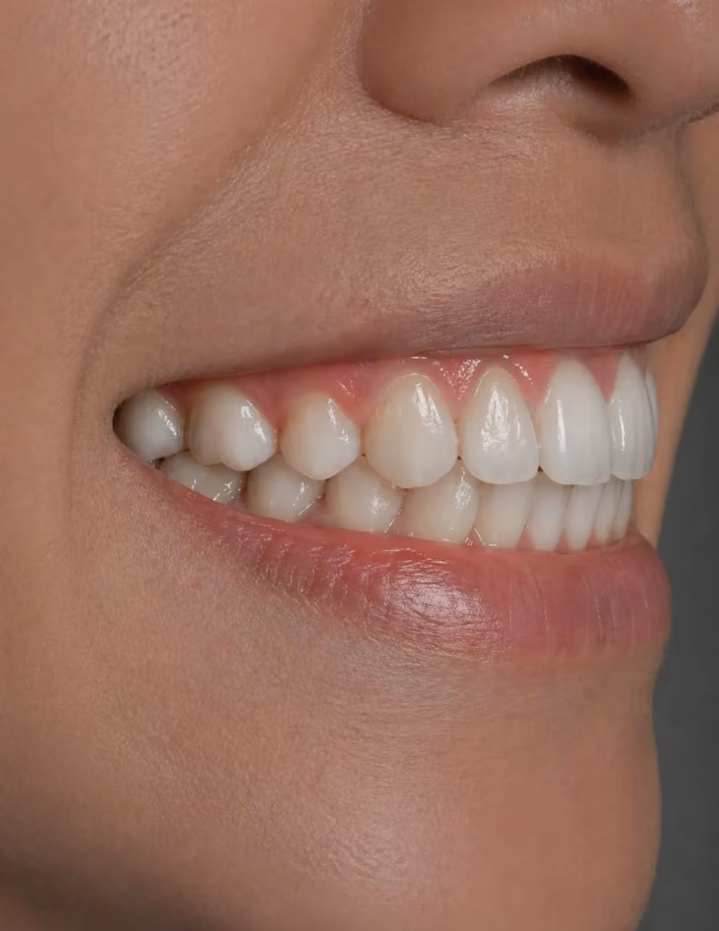 Close-up side view of a person's smile showing clean, well-aligned white teeth and natural pink gums.