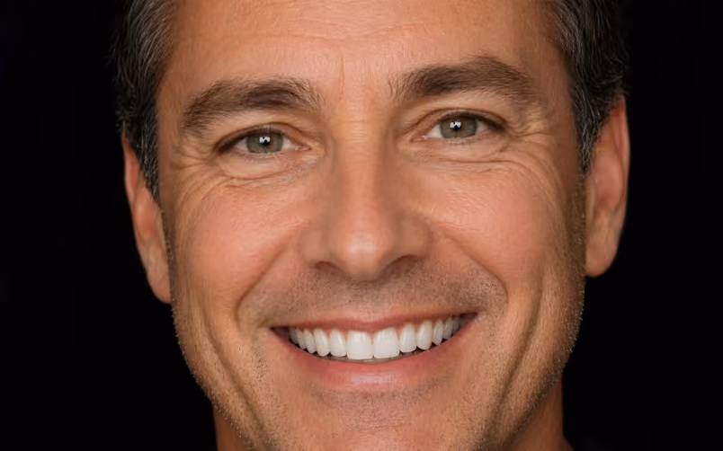 Close-up of a smiling middle-aged man with green eyes, short brown hair, and light skin against a black background.