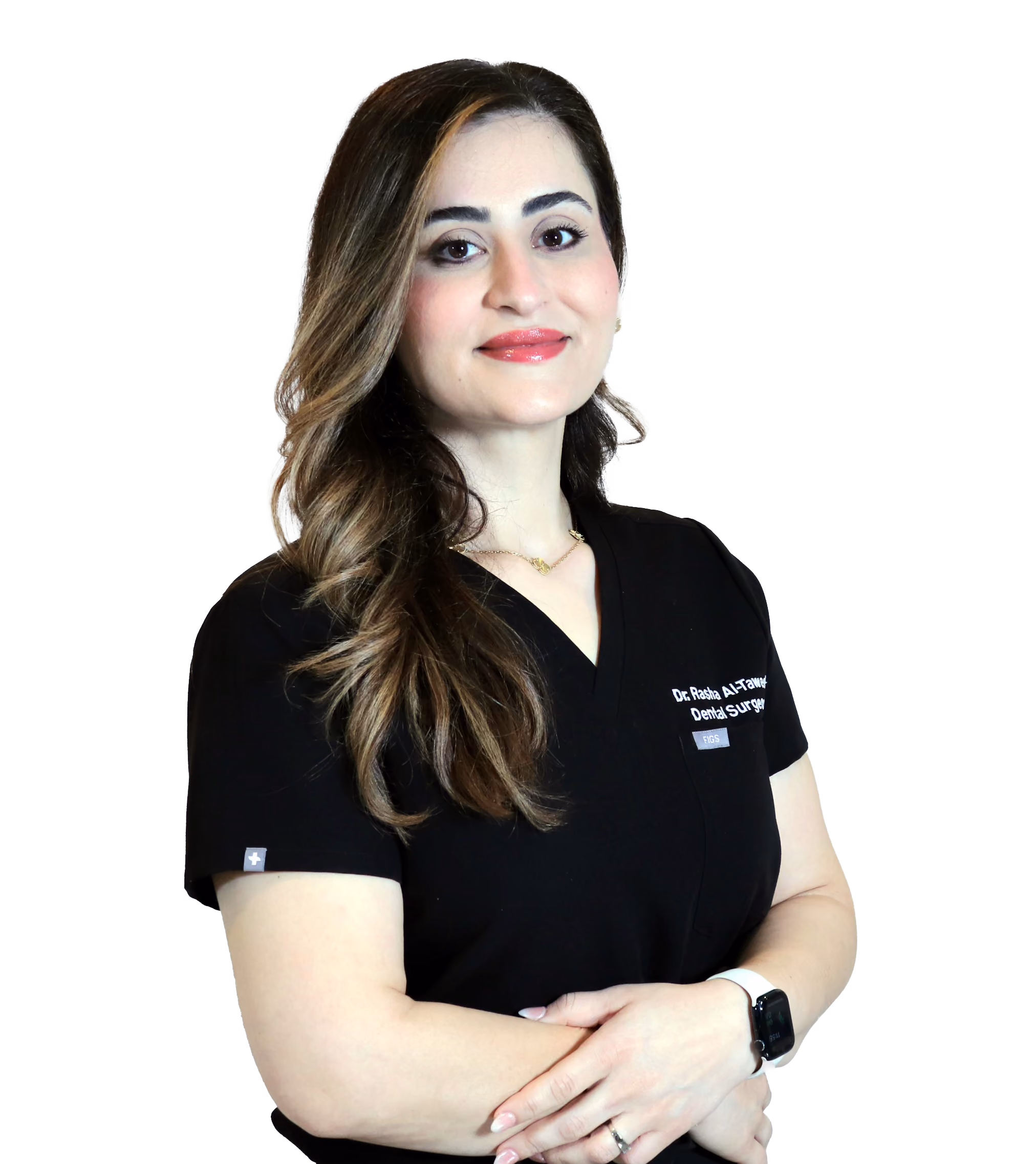 A woman with long wavy hair wearing a black dental surgeon uniform with the name 'Dr. Rosba Al-Tamimi' on it, standing with her arms crossed and smiling.