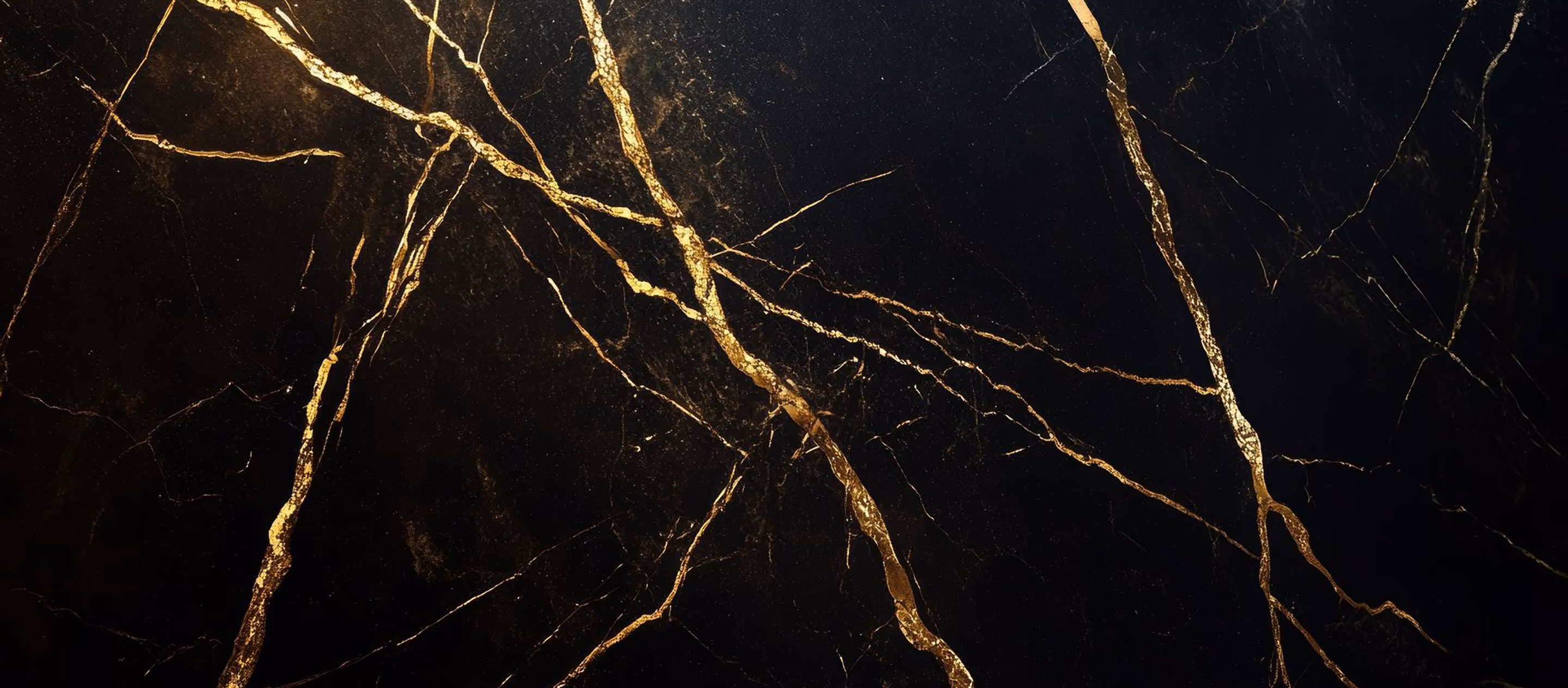 Black marble surface with prominent gold veins running irregularly across it.