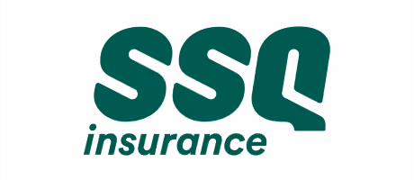 Logo for SSQ Insurance showing bold green letters 'SSQ' above the word 'insurance' in lowercase italics on a white background.