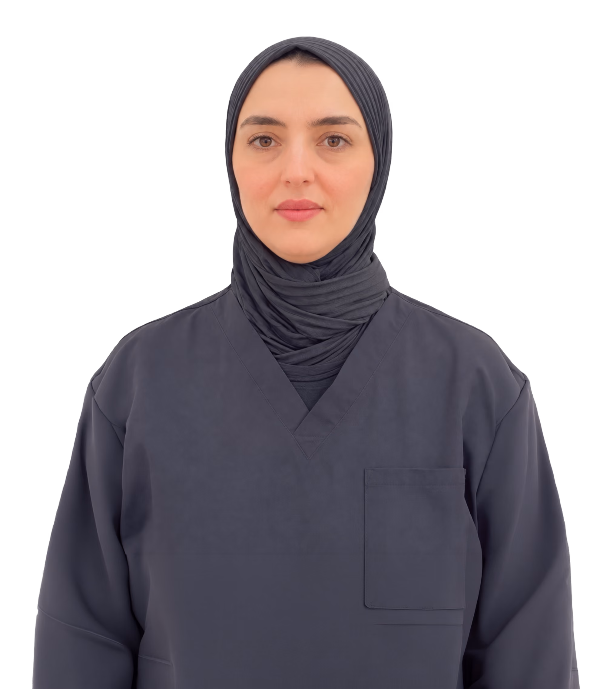 Woman wearing a dark gray medical scrub top and a matching dark gray hijab, facing forward with a neutral expression.
