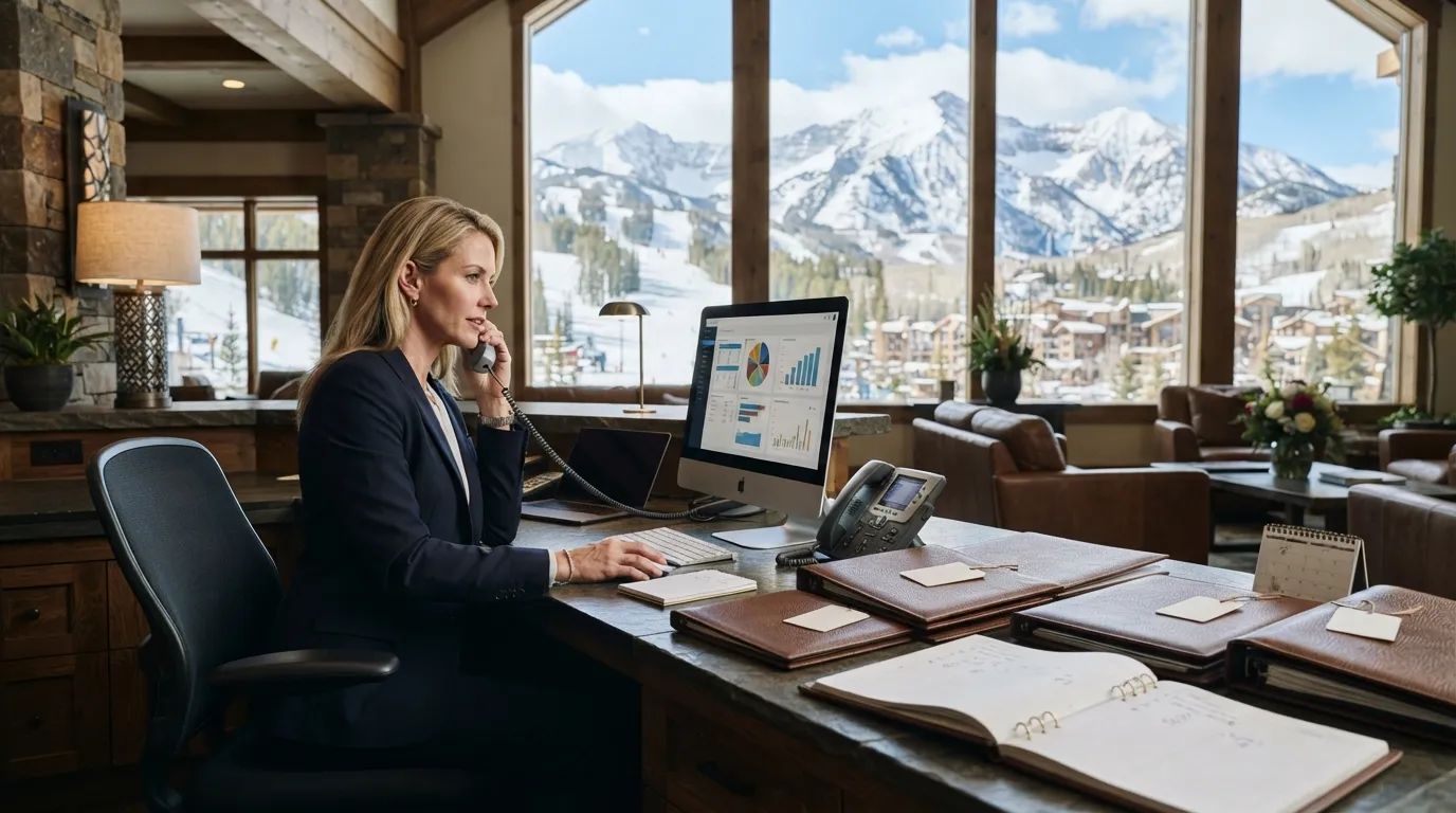 Responsable de conciergerie dans un bureau luxe avec vue montagne, gérant des réservations numériques.