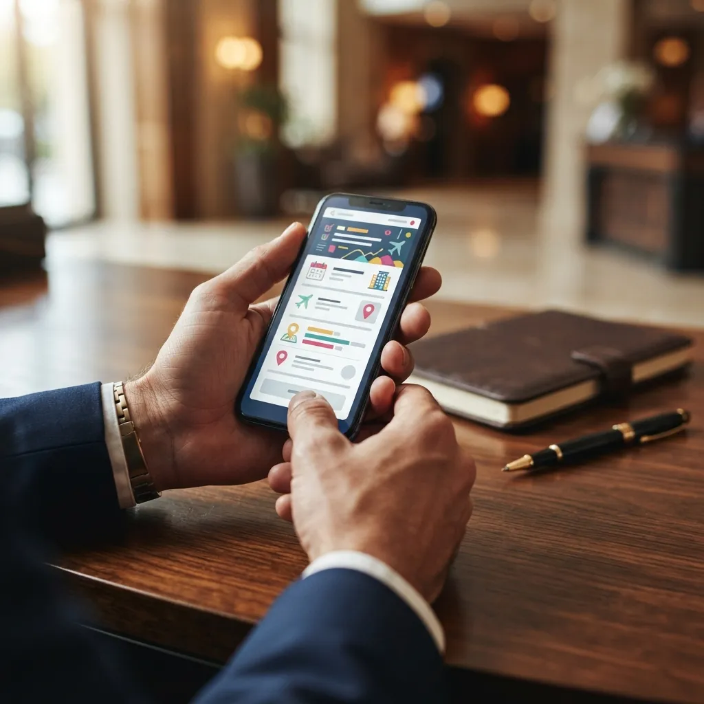 Gros plan sur les mains d'un concierge consultant son téléphone avec une réservation confirmée.