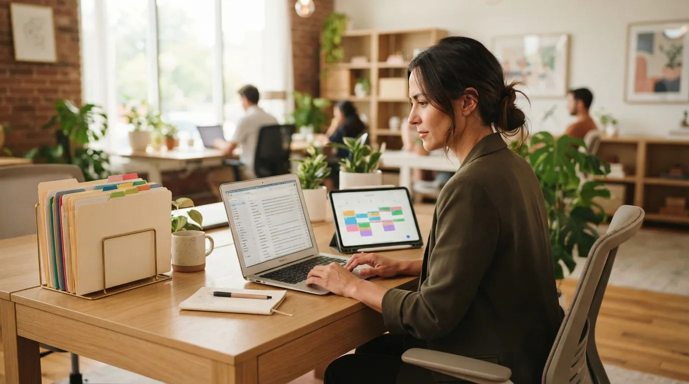 Gestionnaire de propriété travaillant sur son ordinateur portable dans un bureau moderne et lumineux avec tablette et dossiers organisés.