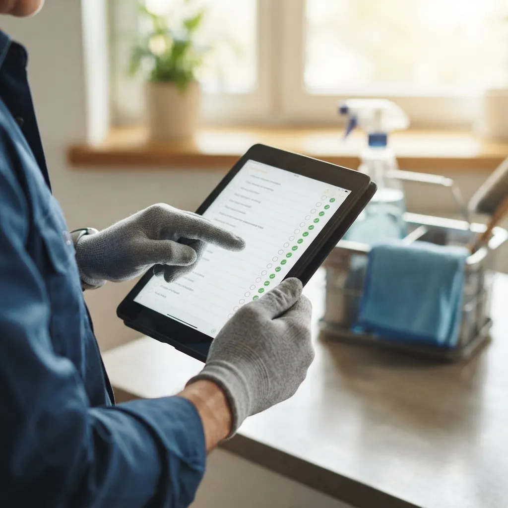 Gros plan des mains d'une femme de ménage consultant une liste de contrôle numérique sur une tablette avec fournitures de nettoyage.