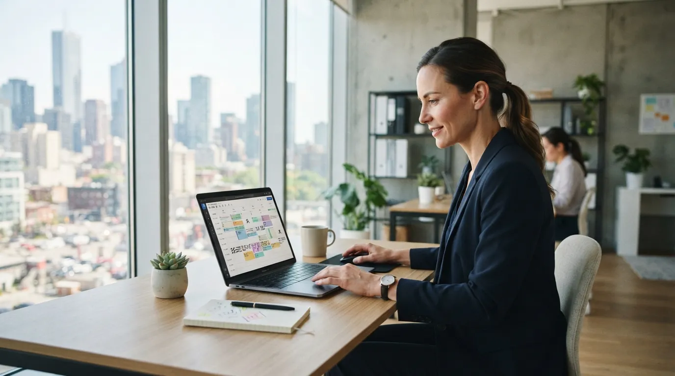 Gestionnaire de location examinant les réservations sur son ordinateur dans un bureau lumineux et moderne.