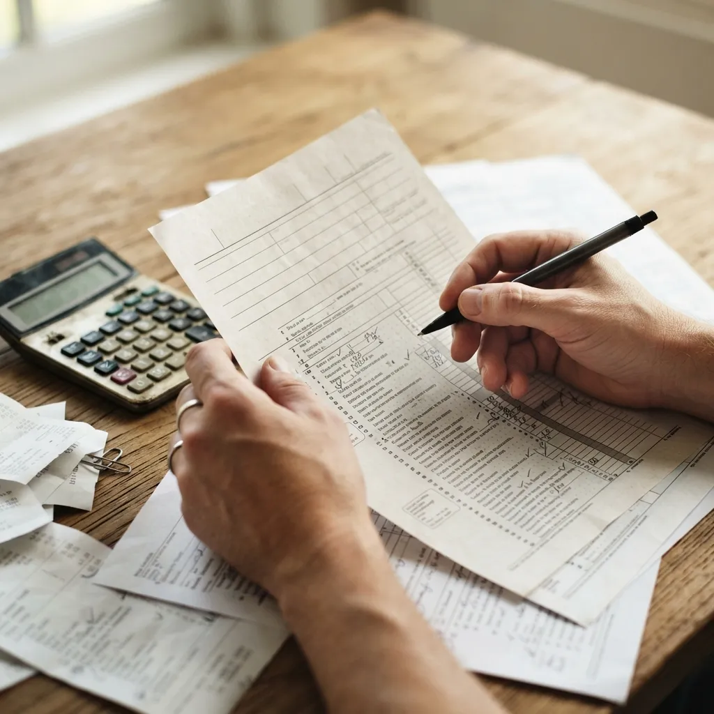 Mains tenant des documents fiscaux et formulaires d'impôt sur un bureau en bois avec calculatrice.