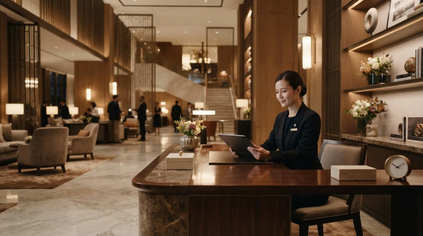 Bureau de conciergerie haut de gamme avec personnel consultant une tablette dans un lobby moderne et élégant.