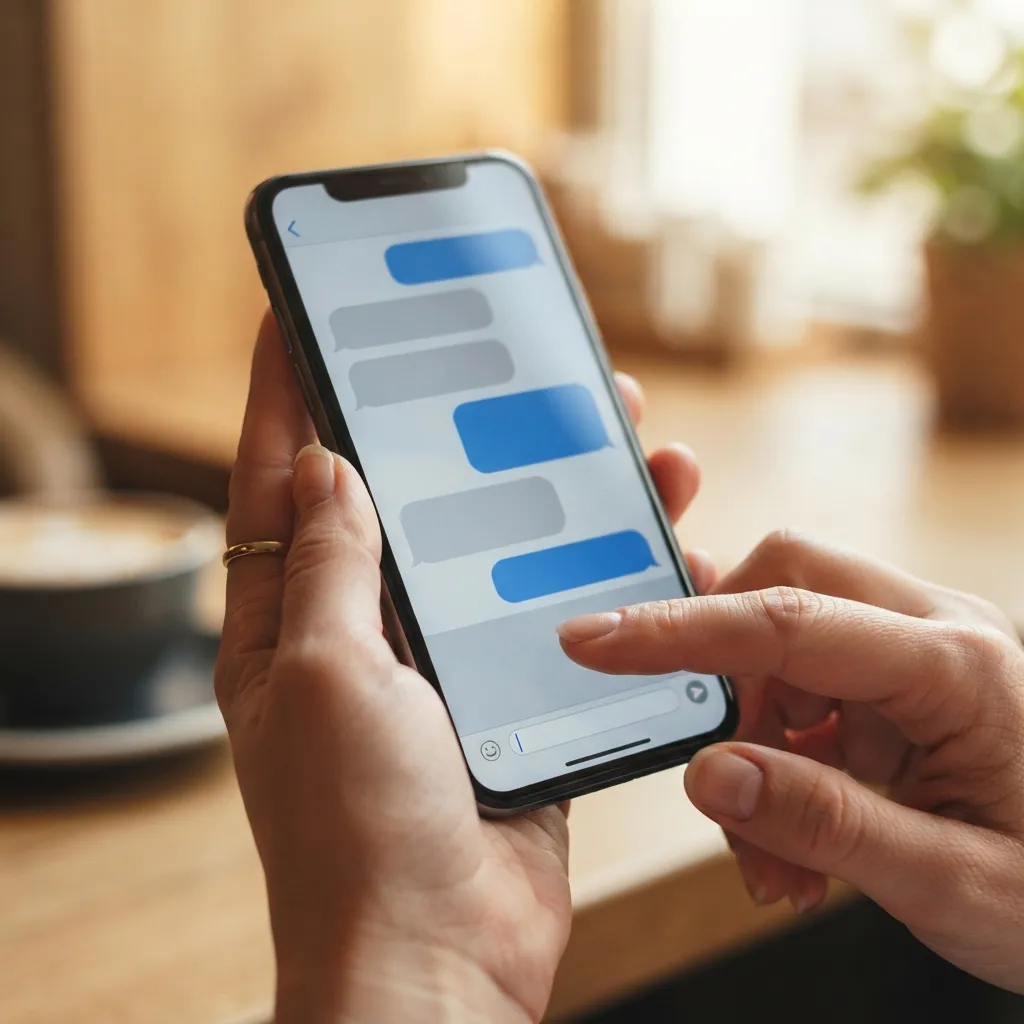 Gros plan de mains tenant un smartphone avec interface de communication client affichée à l'écran.