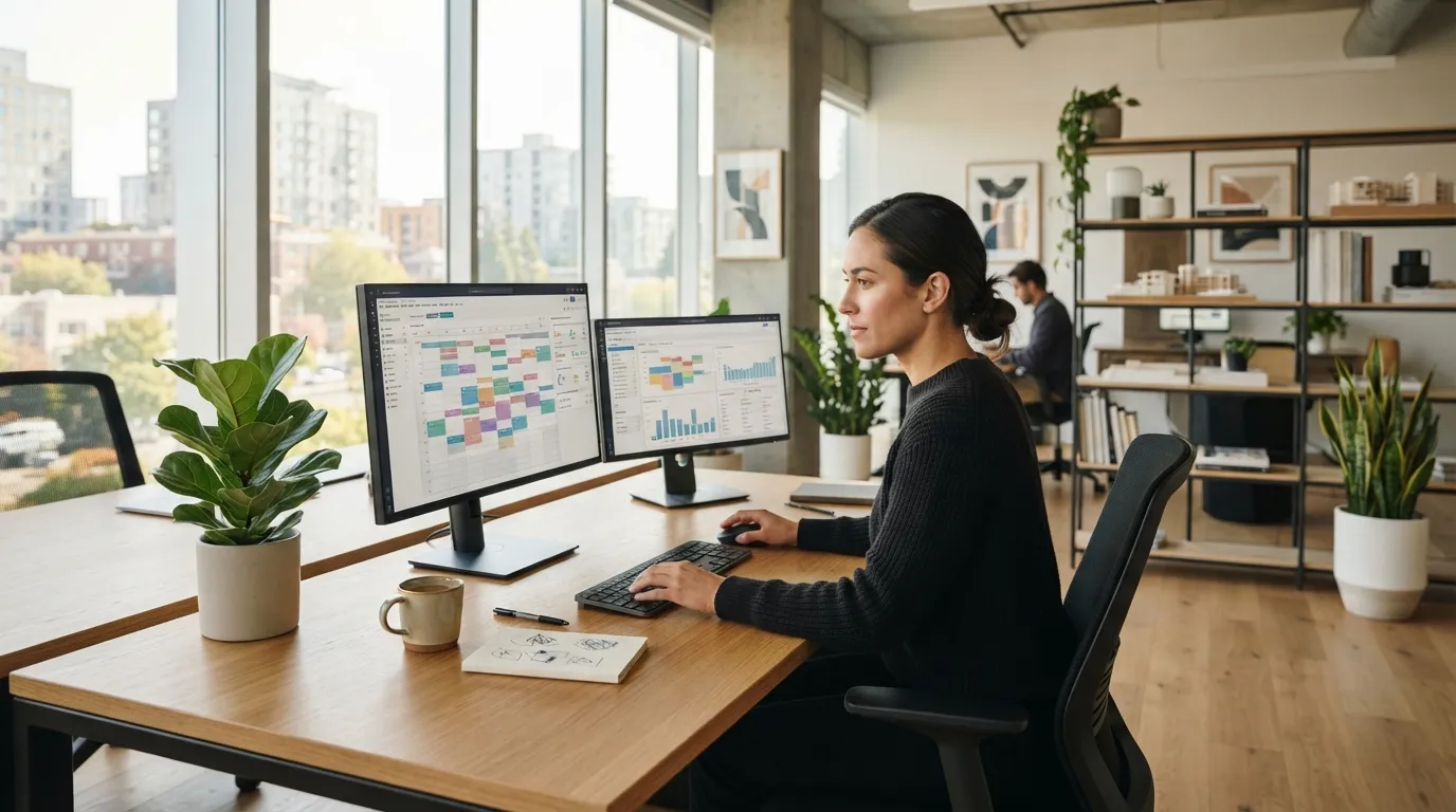 Gestionnaire de locations travaillant à son bureau dans un bureau moderne et lumineux avec écrans affichant des calendriers et réservations.