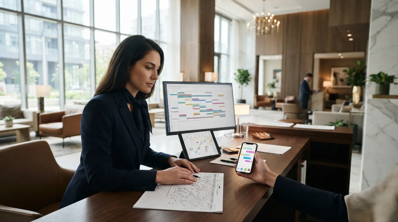 Gestionnaire de conciergerie travaillant sur son bureau avec tablette et téléphone affichant calendriers et messages de réservation.