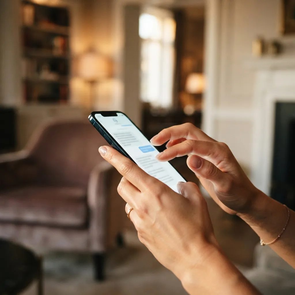 Gros plan des mains d'un gestionnaire tapant un message de réponse personnalisée sur un téléphone intelligent.