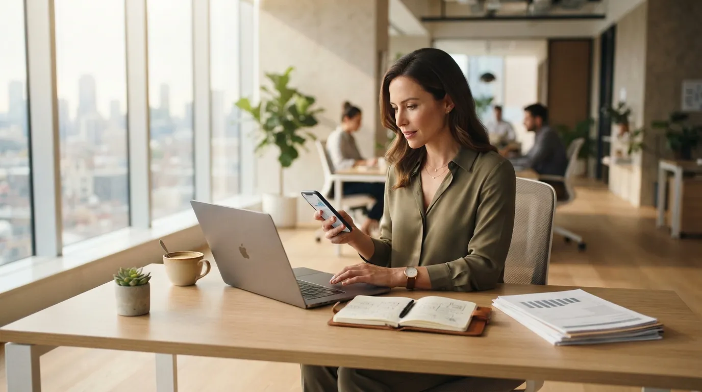 Gestionnaire de locations à son bureau moderne, consultant son ordinateur portable avec sérénité et organisation.