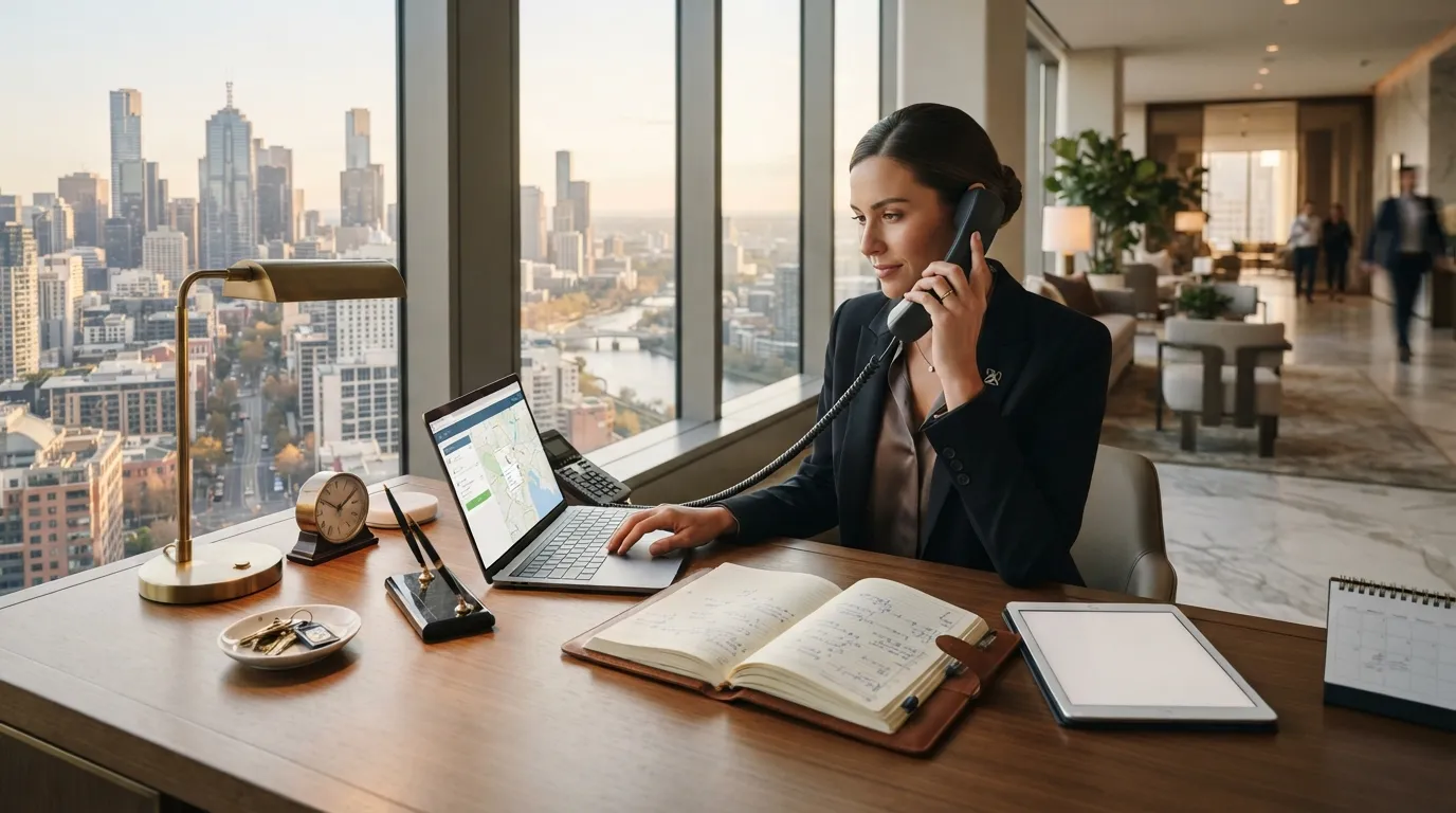 Un gestionnaire de conciergerie haut de gamme travaillant à son bureau avec laptop et documents organisés, lumière naturelle douce.