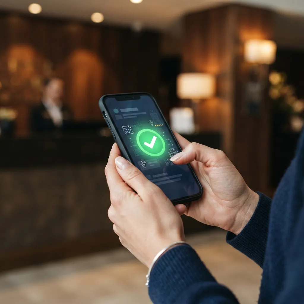 Gros plan sur des mains tenant un smartphone avec message de réservation, fond de contexte hospitalier flou.