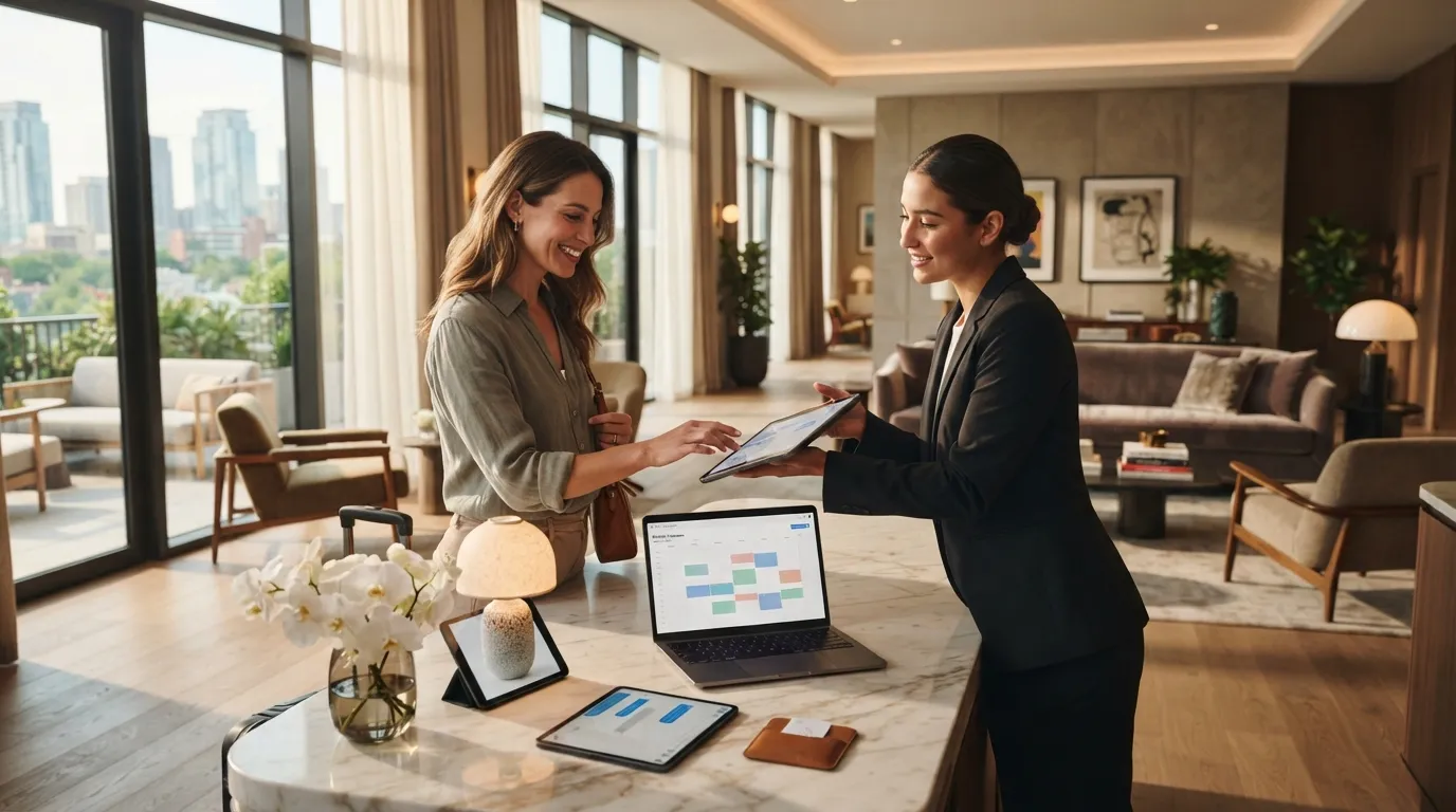 Concierge assistant aidant un voyageur avec une tablette dans un luxueux appartement de vacances bien éclairé.
