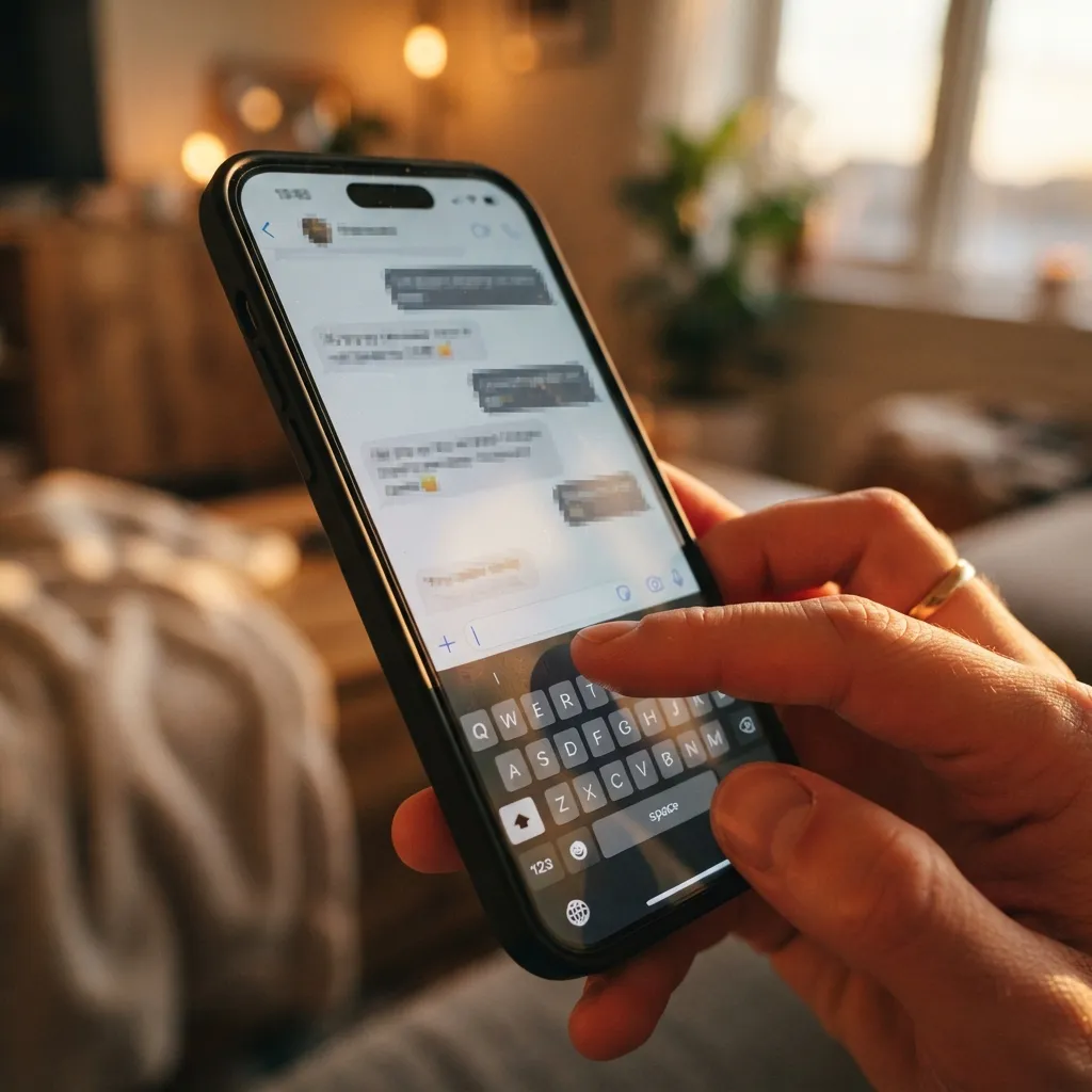Gros plan d'une main tapant un message sur un téléphone, écran lumineux avec interface de chat en temps réel.