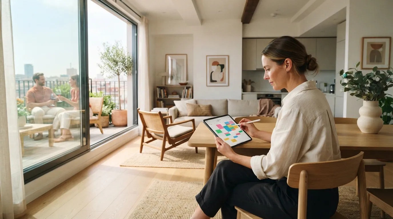 Gestionnaire de location consulte une tablette affichant les réservations dans un appartement moderne avec des voyageurs en arrière-plan.