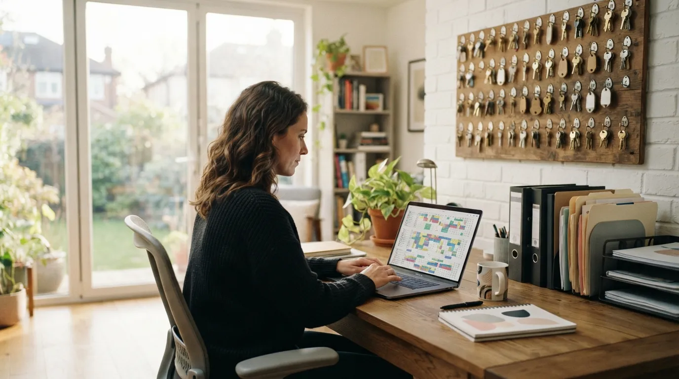 Gestionnaire de propriétés travaillant sur son ordinateur portable dans un bureau moderne avec des clés de location accrochées au mur.